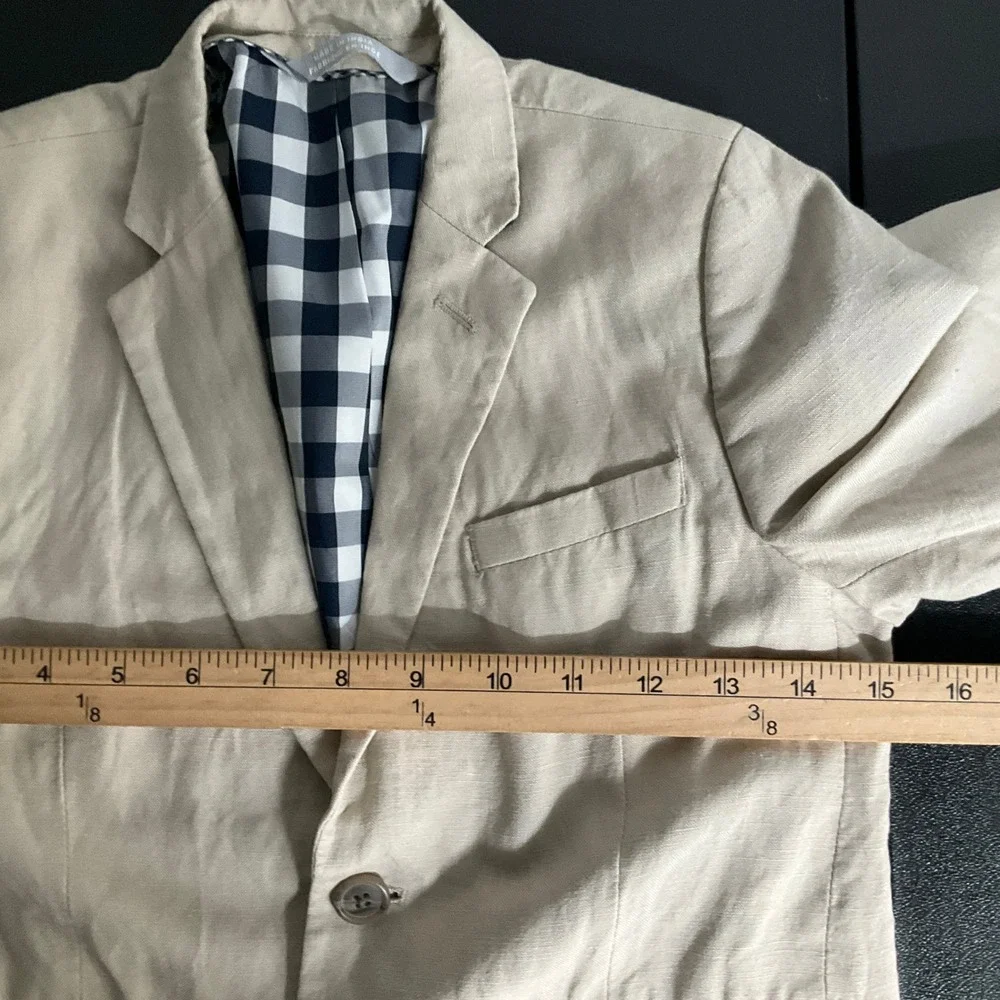 Nordstrom Blazer Kids‎ Sz 7 Tan Linen Gingham Lined Classic Preppy Suit Jacket